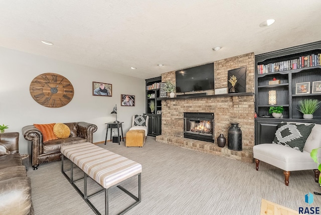 living room with a fireplace and light colored carpet