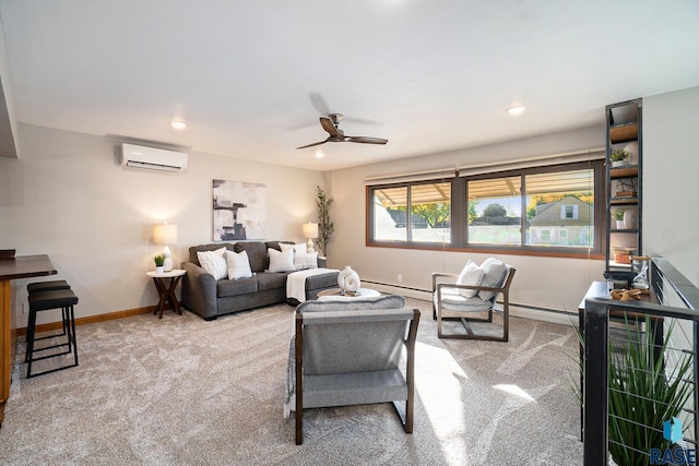 living room with light carpet, an AC wall unit, ceiling fan, and baseboard heating