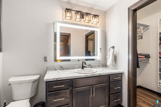 bathroom with vanity, hardwood / wood-style flooring, and toilet