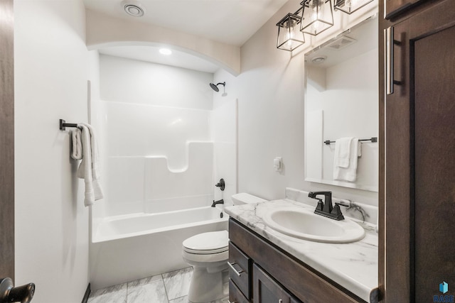 full bathroom featuring shower / bathtub combination, vanity, and toilet