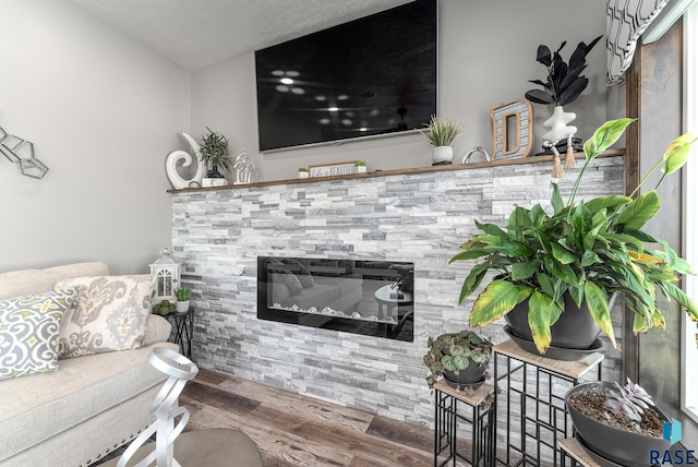 living room featuring wood-type flooring and a stone fireplace