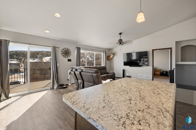 kitchen featuring vaulted ceiling, plenty of natural light, pendant lighting, and ceiling fan