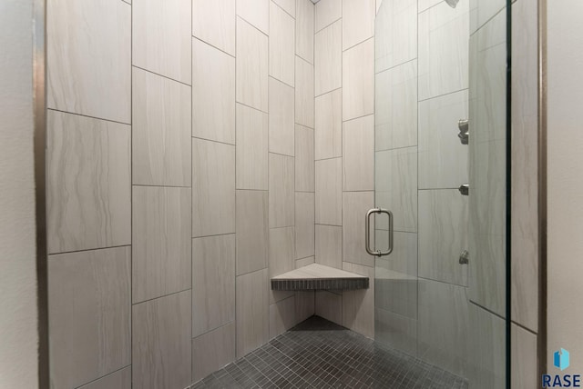 bathroom featuring a shower with shower door