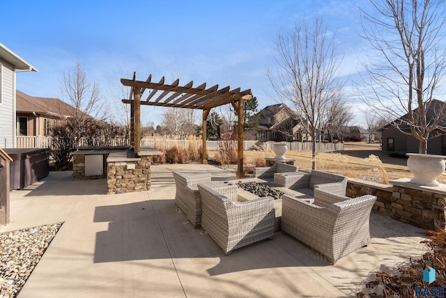 view of patio / terrace with an outdoor living space, an outdoor kitchen, and a pergola