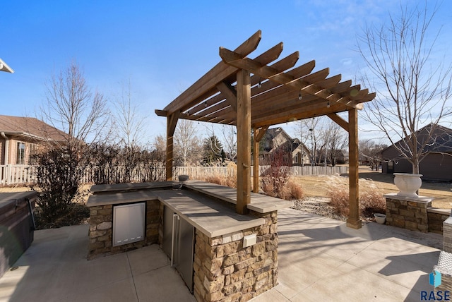 view of patio featuring an outdoor kitchen and a pergola