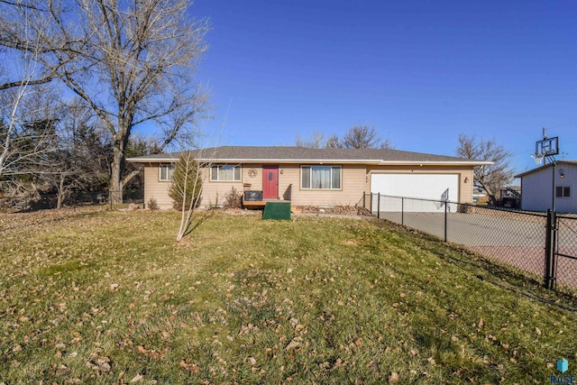 ranch-style home featuring a garage and a front lawn