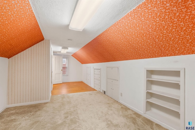 additional living space with light colored carpet and vaulted ceiling