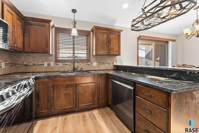 kitchen with stainless steel appliances, tasteful backsplash, sink, and pendant lighting