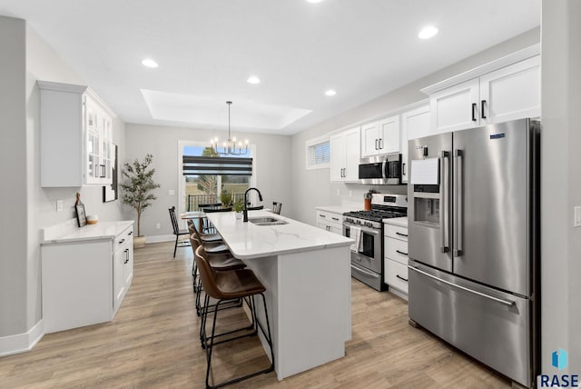 kitchen featuring white cabinetry, stainless steel appliances, a tray ceiling, and sink