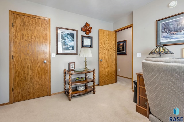 home office with light carpet