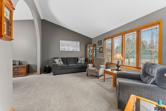 living room with carpet and lofted ceiling