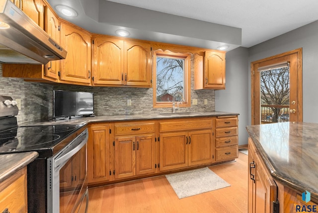 kitchen featuring sink, exhaust hood, stainless steel electric range oven, light wood-type flooring, and backsplash