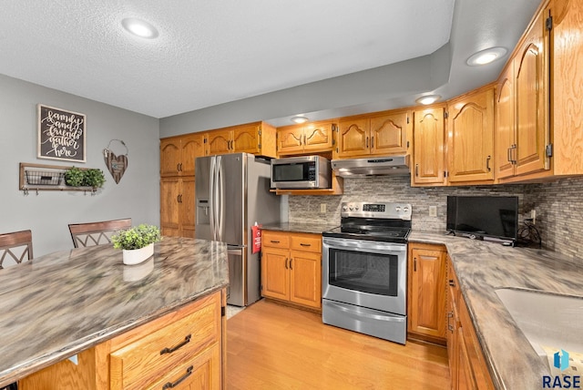 kitchen featuring sink, tasteful backsplash, light hardwood / wood-style flooring, a textured ceiling, and appliances with stainless steel finishes