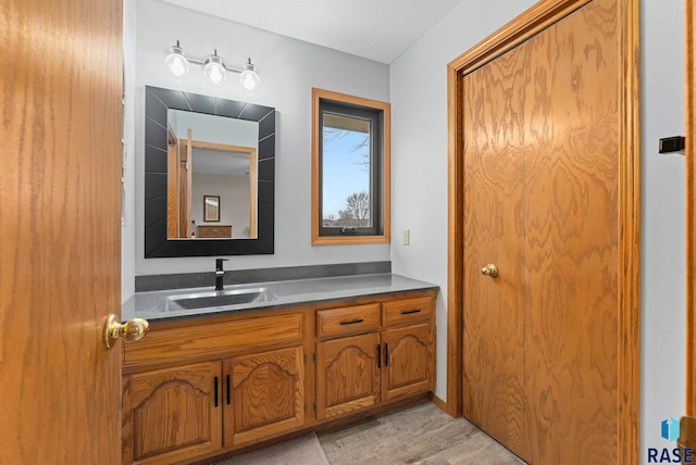 bathroom with vanity and hardwood / wood-style floors