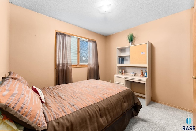 carpeted bedroom with a textured ceiling