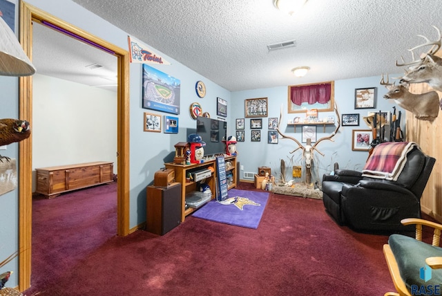 sitting room with carpet flooring and a textured ceiling