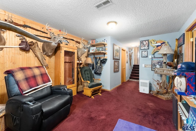 living area with carpet floors and a textured ceiling