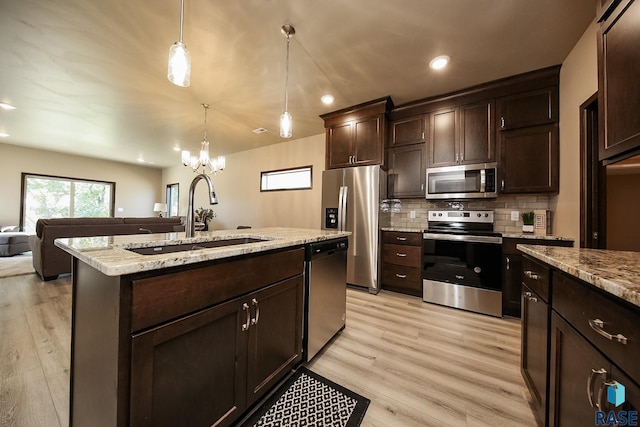 kitchen featuring sink, dark brown cabinets, an island with sink, pendant lighting, and stainless steel appliances