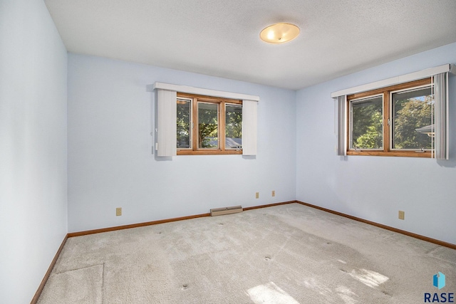 unfurnished room featuring carpet, a healthy amount of sunlight, and a textured ceiling