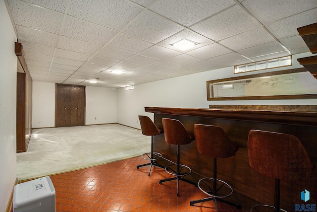 bar featuring carpet and a drop ceiling