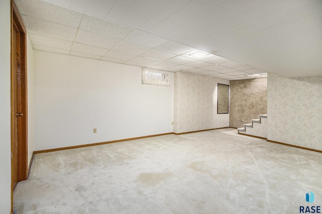 basement featuring a paneled ceiling and carpet flooring