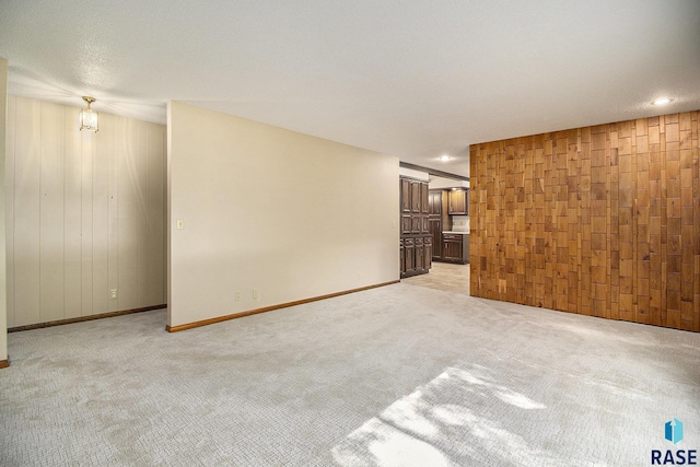 carpeted spare room featuring wooden walls