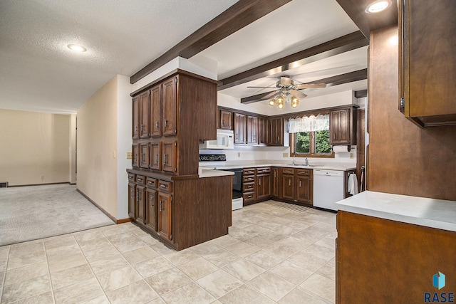 kitchen featuring white appliances, ceiling fan, beam ceiling, dark brown cabinetry, and a textured ceiling