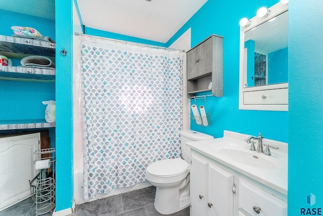 full bathroom with vanity, a textured ceiling, toilet, and shower / bathtub combination with curtain