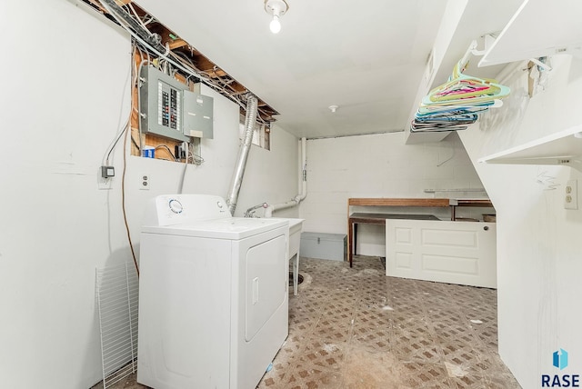 laundry area featuring electric panel and separate washer and dryer