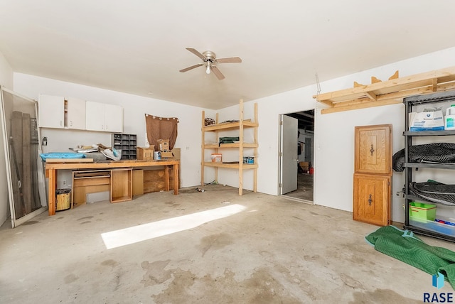 interior space featuring white cabinetry and ceiling fan