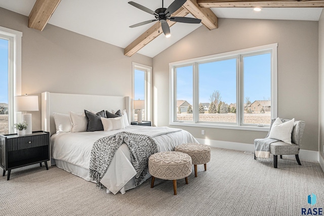 carpeted bedroom featuring ceiling fan and lofted ceiling with beams