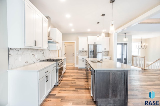 kitchen with white cabinetry, premium appliances, sink, and hanging light fixtures