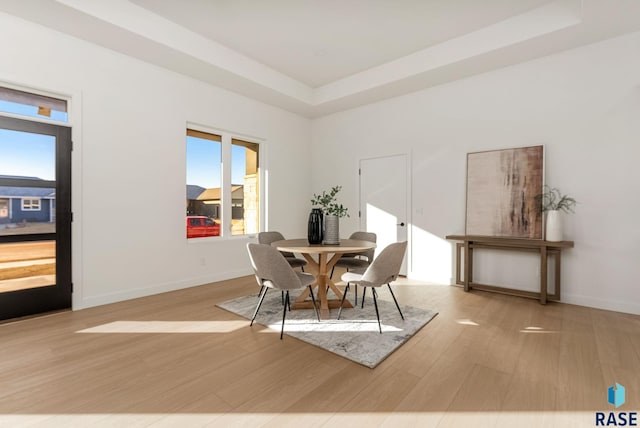 dining area featuring light hardwood / wood-style floors and a raised ceiling