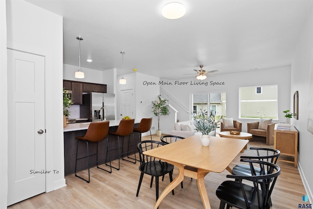 dining area with ceiling fan and light wood-type flooring