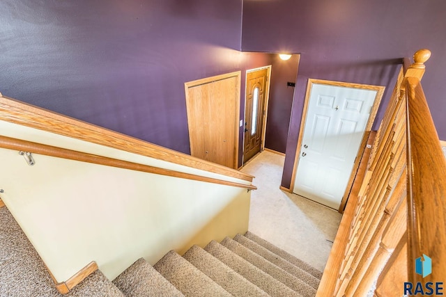 stairs featuring carpet flooring