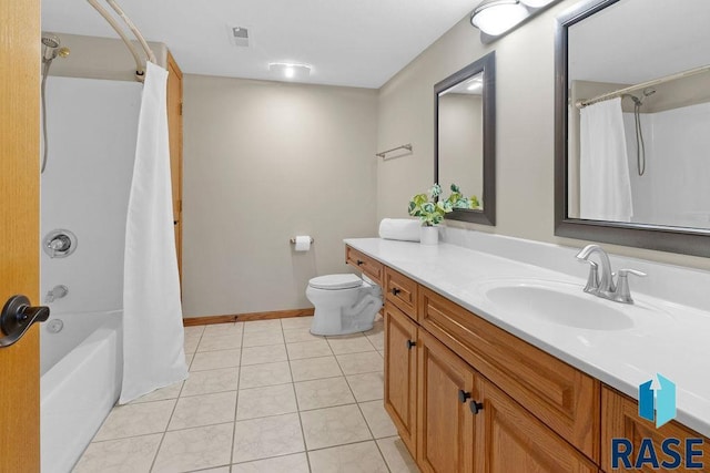 full bathroom featuring tile patterned flooring, vanity, shower / bath combination with curtain, and toilet