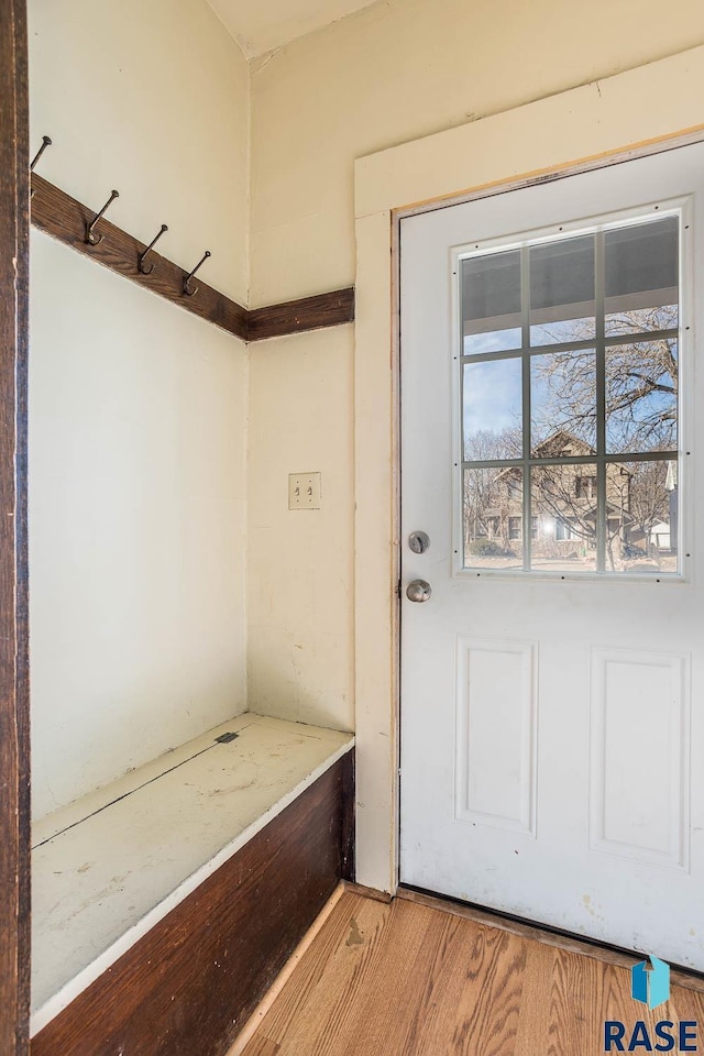 mudroom with light hardwood / wood-style flooring