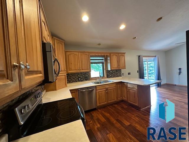 kitchen featuring dark wood-type flooring, sink, kitchen peninsula, stainless steel appliances, and backsplash