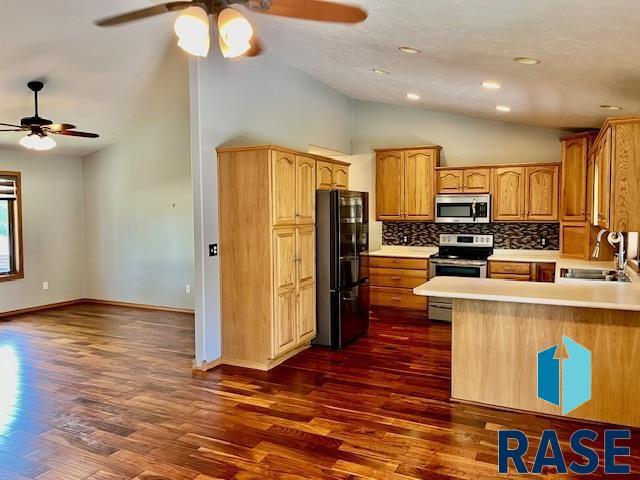 kitchen featuring dark wood-type flooring, sink, kitchen peninsula, stainless steel appliances, and backsplash