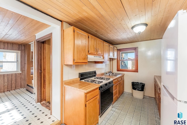 kitchen featuring wood ceiling, a wealth of natural light, gas stove, and white fridge