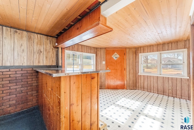 kitchen with wooden walls, wood ceiling, and kitchen peninsula