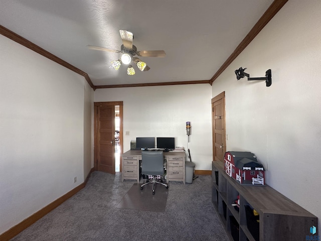 office space featuring crown molding, dark carpet, and ceiling fan