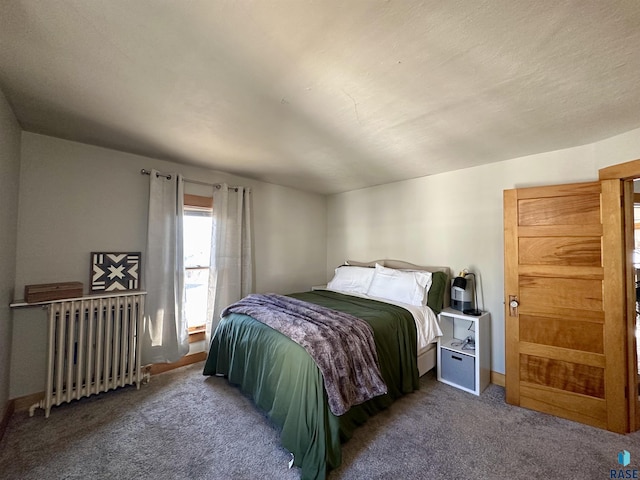 carpeted bedroom featuring radiator