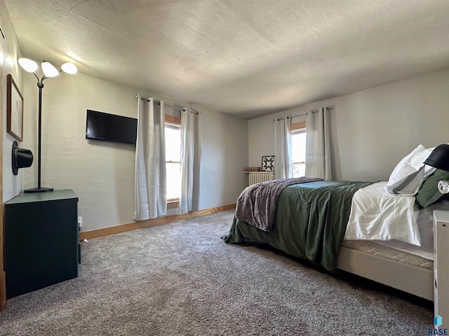 bedroom with multiple windows, carpet, and a textured ceiling