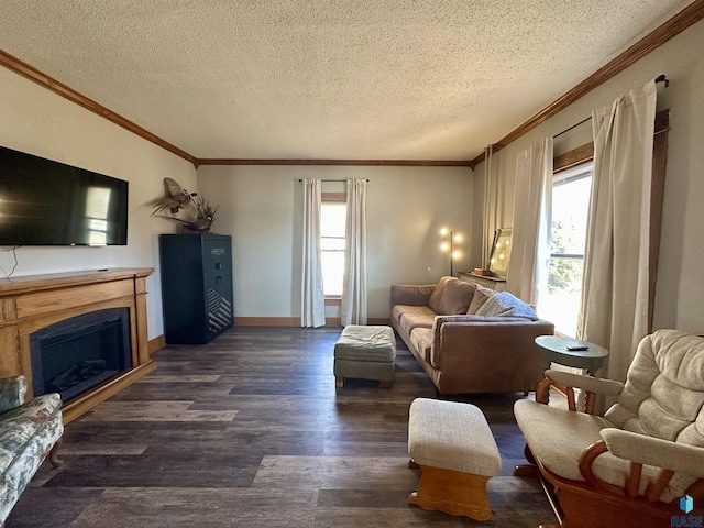 living room featuring dark hardwood / wood-style flooring, crown molding, a textured ceiling, and a healthy amount of sunlight