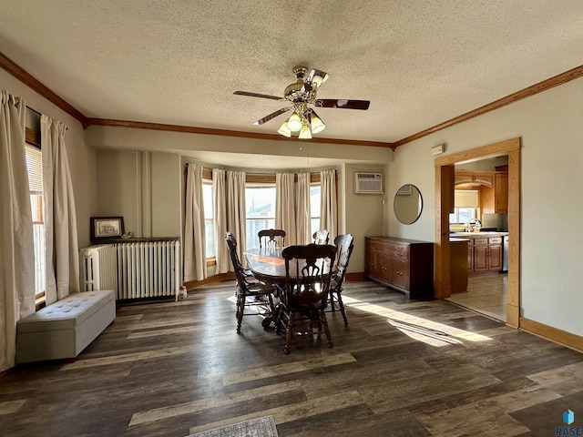 dining space with dark wood-type flooring, radiator heating unit, and crown molding