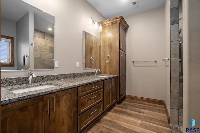 bathroom with wood-type flooring and vanity