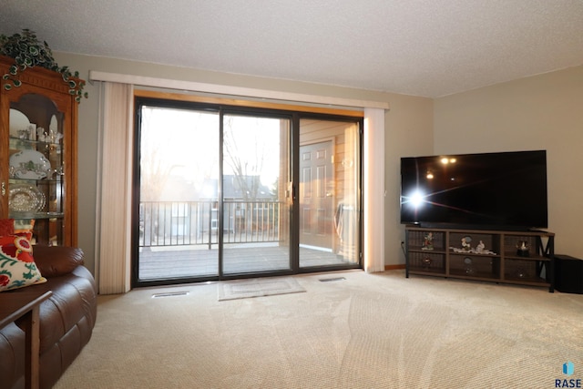 carpeted living room with a textured ceiling