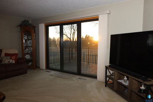 carpeted living room featuring a textured ceiling