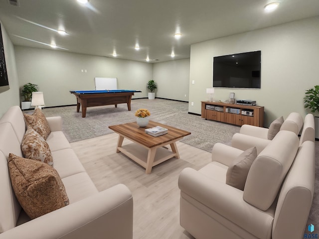 living room featuring pool table and light wood-type flooring